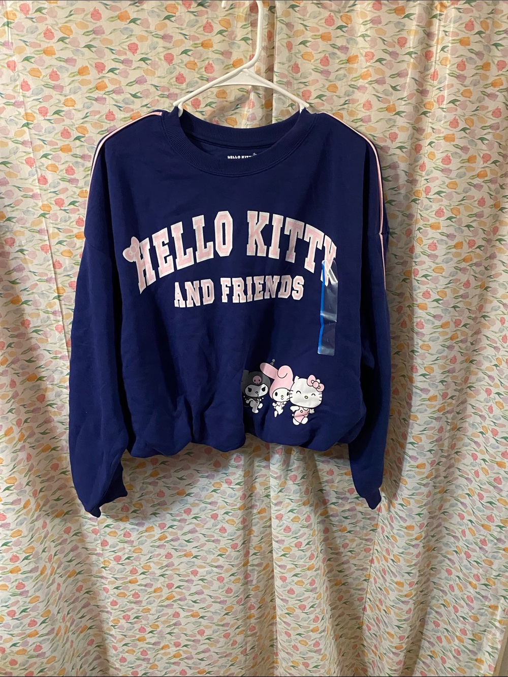 Hello Kitty Navy Cropped Sweatshirt with Pink Lettering and Character Print